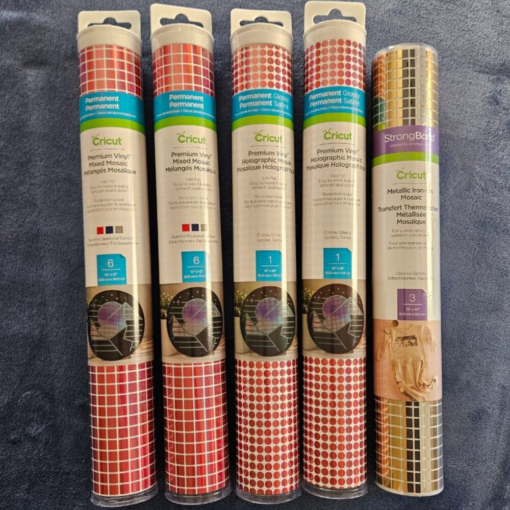 Set of 5 Rolls - Cricut Premium Vinyl Regular & Holographic & Iron-On Mosaic NEW